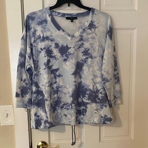 Fred David Blue and White Tie-Dye V-Neck Sweatshirt with Drawstring 1X